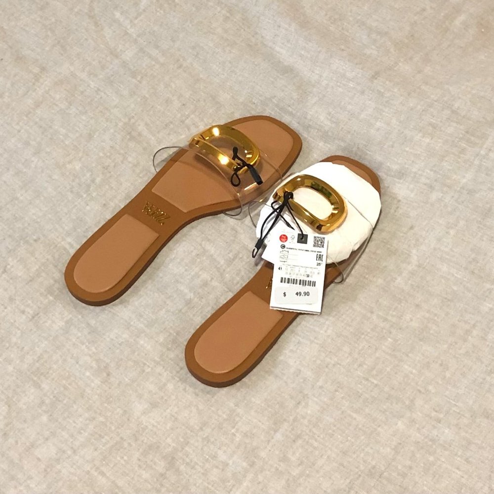 RESALE - Zara Womens embellished clear and gold flat sandals size 10 NWT